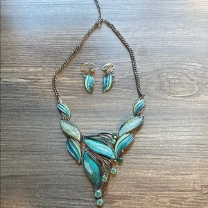 Elegant Silver and Blue Leaf Necklace and Earring Set / Clip On Earrings